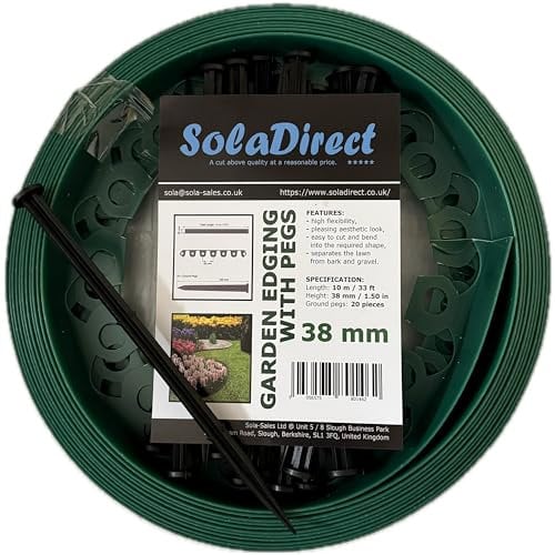 Green Lawn Edging Border - 10 m / 33 ft Long Flexible Plastic Garden Edging & 20 Securing Pegs - Easy to Cut and Shape - Perfect for Flower Beds, Lawn, Pavement (38 mm High)
