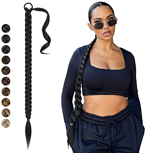 FESHFEN Braid Extensions Pferdeschwanz Verlängerung mit Haargummi, 85 cm Aus Schwarz Lang Ponytail Geflochten Kunsthaar Haarverlängerung Zöpfe Pferdeschwanz Extension Zopf Haarteil für Damen