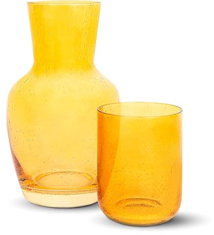 Bruno Magli Bubble Amber Carafe | 2-Pc Set | Drinking Glass Tumbler Doubles as a Lid | Water Pitcher with Matching Cup for Office, Nightstand, Home, & Guest Room D cor | Gift Boxed | 28-Oz