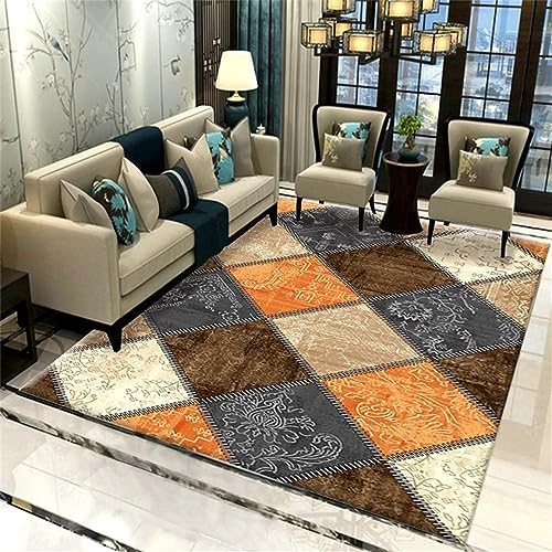 SUNYRDSM Teppich Kinder Teppiche Küche 120 x 180 cm Wohnzimmer Teppich orange grau Quadrat geometrisches Design komfortabel Deko Kinderzimmer