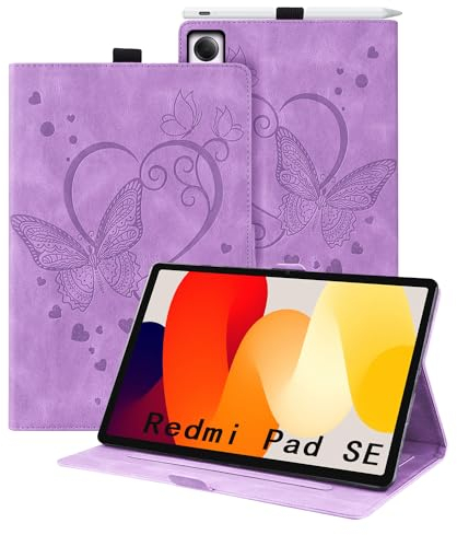 Auslbin Xiaomi Redmi Pad SE Funda 2023 11, Cuero Repujado de Mariposa de PU con Función de Soporte y Portalápices, para Xiaomi Redmi Pad SE 2023 11, Mariposa Morada