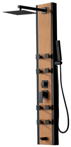 Bathfinesse Duschturm Duschwand Paneele Bambus Holz und Edelstahl mit 8 Körperdüsen Massage und verstellbarem Kopf Handstab und Wannenauslauf Duschsäule Wandhalterung