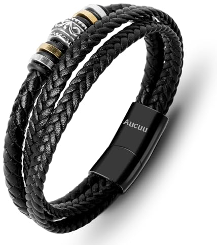 Aucuu Lederarmband für Männer, Herren Armband, Wickelarmband mit Magnet Verschluss, Geflochten Leder Armreif Schwarz | Magnetverschluss aus Edelstahl | Inklusive Schmuckschachtel |Geschenk für Männer