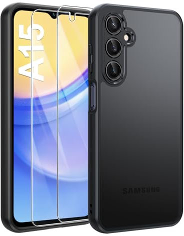 FLLAO Coque Compatible avec Samsung Galaxy A15 et 2 Pièces Verre Trempé, Protection Antichoc Qualité Militaire, Anti-Empreintes étui de Housse Arrière Translucide Givrée (Vert)
