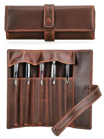 Hiram Leder Stiftetasche - Faltbares Füllfederhalteretui für 5 Stifte, Tragbare Aufbewahrungshülle, Roll-Etui für Schule, Geschäftsreisen (Kaffee)