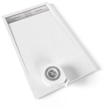 Moments of Glass Plato de ducha SMC Hiemal 120x70 cm, Blanco RAL 9016 – Antiderrapante, Textura Pizarra, Antibacteriano, Resistente a agentes químicos – Incluye válvula y rejilla Inox