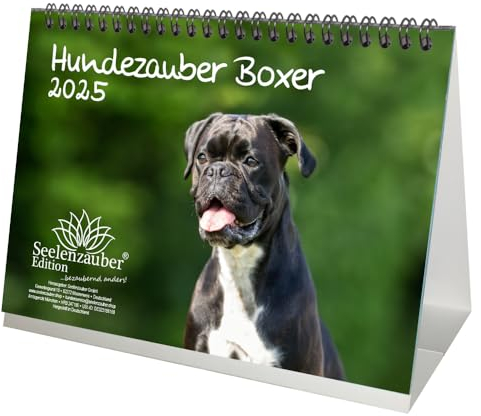 Hundezauber Boxer DIN A5 Tischkalender für 2025 Welpen und Hunde - Set-Inhalt: 1x Kalender 1x Weihnachtsanhänger 1x Grußanhänger (gesamt 3 Teile)