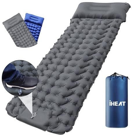 iHEAT Selbstaufblasend Camping Isomatte Schlafmatte mit Fußpresse Pumpe,Ultraleichte Luftmatratze mit Kopfkissen,wasserdichte kompakte Isomatte für Outdoor,Wandern,Backpacking,Camping,Strand