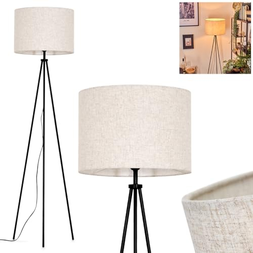 Stehleuchte Bassagoda, Stehlampe aus Metall/Stoff in Schwarz/Beige, Leuchte im modernen Design mit rundem Schirm (Ø 40 cm) u. Fußschalter, Höhe 155 cm, 1 x E27, ohne Leuchtmittel
