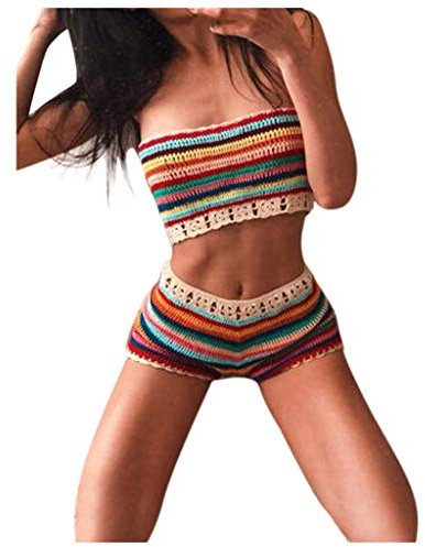 Generisch Damen Bikini Oberteil Häkeln Push Up Bikini Top Womens Boho Strickschnitzer Trägerlos Bandeau Bikinioberteil Sexy Bra Sommer Strand Bikini Top Swimsuit