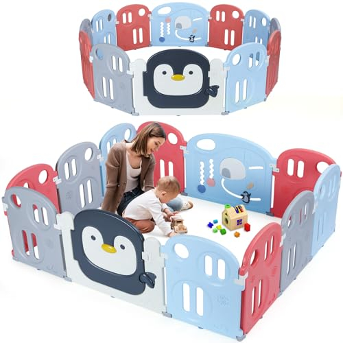 Baby Laufstall 180x150 cm, Laufgitter Baby, Krabbelgitter Erweiterbar, Indoor & Outdoor Playpen, Kleinkinder Laufställe, Kunststoff Absperrgitter, 12 Paneele, Bunt