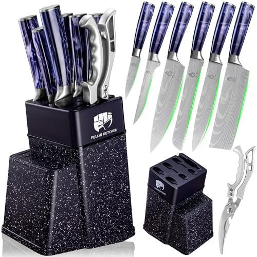 FULLHI 8-Piece Block Knife Set, Chef's Knife Set with Block and Sharpener, Kitchen Knives Set, Multicoloured Handle, Gifts for Men Women (Purple Resin)