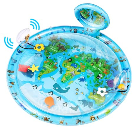 Tummy Time Water Mat, Extra Large 80x80cm Baby Sensory Play Mat with Mirror, Rattle, Teethers & Floating Sea Animals, Inflatable World Map Activity Mat for Babies 3-12 Months