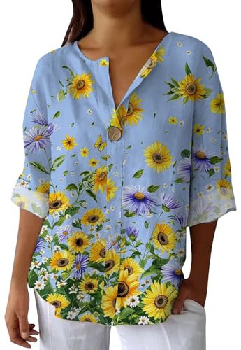 Hrjxfpt Womens Linen Tops UK Size 18 Cotton Summer Blouses Warehouse Deals Clearance Ladies' Fashion Printed Single Long Sleeve Top (01-D-Blue, M)