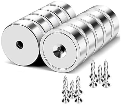 WITFAMILY Neodym Magnete 32mm [10 Stück] mit Loch - Extrem Starke Scheibenmagnete bis 80°C, Rostschutz durch 3-fach Beschichtung - Inkl. Schrauben für Einfache Montage