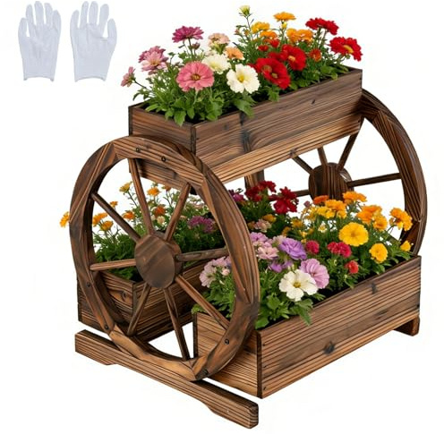 HOMASIS Blumenkasten Holz, Pflanzkübel mit Räder, Pflanzkästen Gartendeko, Hochbeet mit Drainagelöcher & Handschuhe, Blumentopf Pflanzkarre für Garten Balkon Terrasse, Braun (61,5x55x62cm)