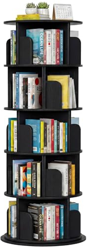 Homieasy Estantería Giratoria 5 Niveles, 360 Grados, Negro | 162x40cm, Torre de Libros con 20 Compartimentos, Ahorro Espacio, Salón, Oficina y Estudio, MDF