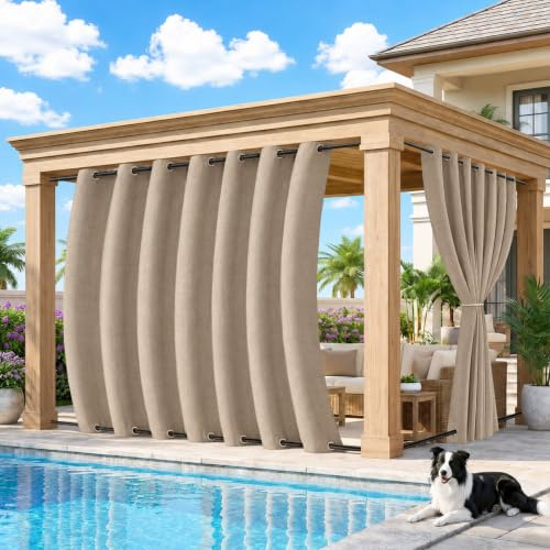 IRONDELIC Outdoor Vorhang Wetterfest Leinenoptik Extra Breit B254xH213cm | Winddicht mit Oben und Unten Edelstahlösen 100% Verdunklung Sichtschutz &Sonnenschutz für Terrasse, Balkon, Pergola(Taupe)