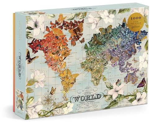 Galison Winged Metamorphosis – 1000 Piece Wendy Gold Jigsaw Puzzle Featuring Beautiful Artwork Of A Butterfly Inspired World Map