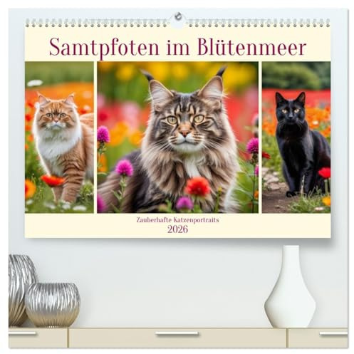 Samtpfoten im Blütenmeer (hochwertiger Premium Wandkalender 2026 DIN A2 quer), Kunstdruck in Hochglanz: Zauberhafte Katzenportraits (CALVENDO Tiere)