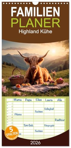 Familienplaner 2026 - Highland Kühe mit 5 Spalten (Wandkalender, 21 cm x 45 cm), CALVENDO: Highland Kühe in verschiedenen Landschaften und anmutigen Sonnenuntergängen (CALVENDO Tiere)