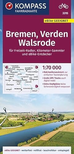 KOMPASS Fahrradkarte Bremen, Verden, Walsrode 1:70.000, FK 3315: reiß- und wetterfest mit Extra Stadtplänen (KOMPASS-Fahrradkarten Deutschland, Band 3315)
