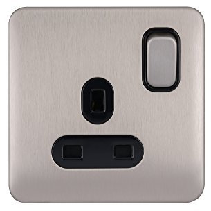 Schneider Electric Lisse Screwless Deco 1G 13A Sw Socket BSS, Stainless Steel/Black, 1 Gang