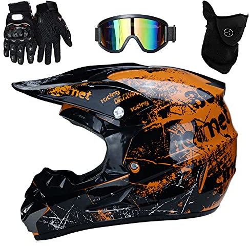 Mopedhelm Motocross Helm Herren Integralhelm Sonnenschutzhelm, Set Damen Fullface Motorrad DH Cross Offroad Enduro Mountainbike Helme mit Visier Brille Handschuhe Maske,Orange,L(56~57cm)