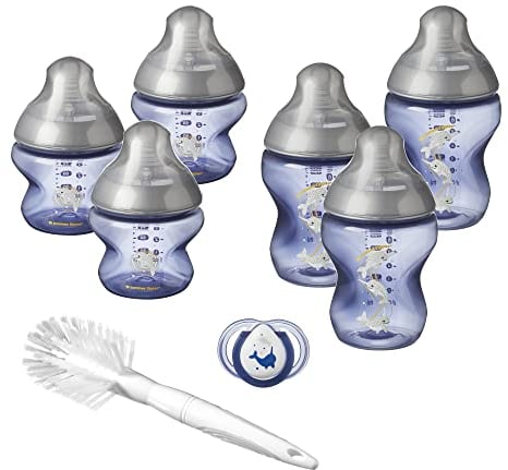 Tommee Tippee Closer to Nature® Newborn Baby Bottle Starter Set, Breast-like Teats with Anti-Colic Valve, Blue Narwhal Decoration