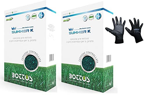 Bottos Summer K - Abono preverano e invierno para césped Bottos Summer K antiestrés 10-0-30, 4 kg (2 kg x 2 unidades de 160 m2) - Guantes suaves 100% nailon y poliuretano extrafuerte negro