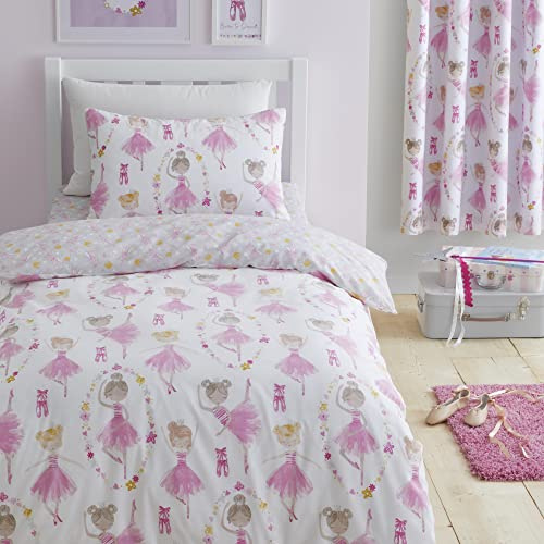 Bedlam - Pink Ballerina Duvet Cover - Single Bedding Size (200 x 140cm) - Reversible (2 Designs) - Pink Bedding with Ballet Shoes - Ballet Dancer Duvet Cover for Girls - Ballerina Bedroom Accessories