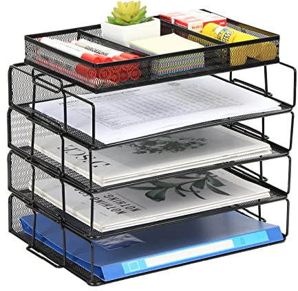 EasyPAG 5 Niveles Metal Malla A4 Bandejas Oficina Apilables Organizador Revistero Almacenamiento Papeles Soporte Archivador Clasificador Documentos Estante Carta,Negro