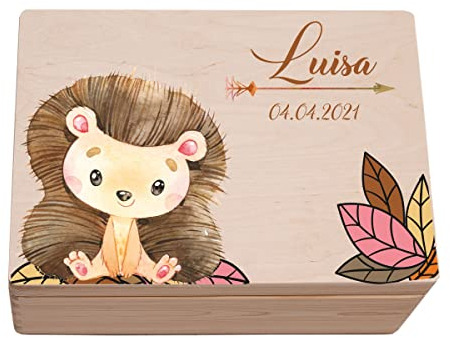 Hochzeitideal - Personalisierte Erinnerungskiste | Holzkiste Igel Motiv | Aufbewahrungskiste | Geschenkt Geburt | Erinnerungsbox Baby Taufe | Holzkiste für Kinder (L (40x30x14 cm))