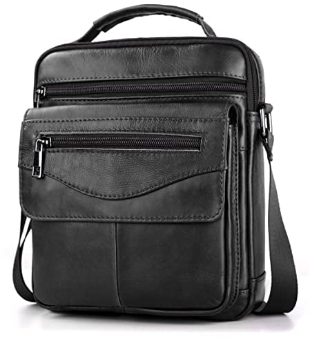 SPAHER Umhängetasche Leder Herren Herrentasche Schultertasche Echtes Leder Handgelenktasche Herren Schultertasche Crossbody Bag Messenger Bags Geschenk für Männer Schwarz