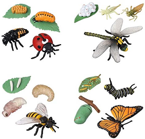 JOKFEICE 16 Stück Insektenspielzeug Lebenszyklus von Schmetterling, Honigbiene, Libelle & Marienkäfer Bug Figuren Spielzeug, frühes pädagogisches Spielzeug Weihnachten für Kinder