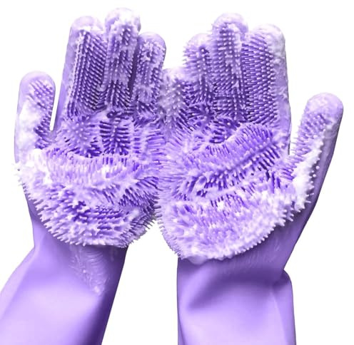 Reusable Silicone Dishwashing Gloves, Rubber Scrubbing Gloves for Dishes,Wash Cleaning Brush with Sponge Scrubbers for Housework, Kitchen, Car, Window cleaning. 1Pair (13.6 Large) (purple)
