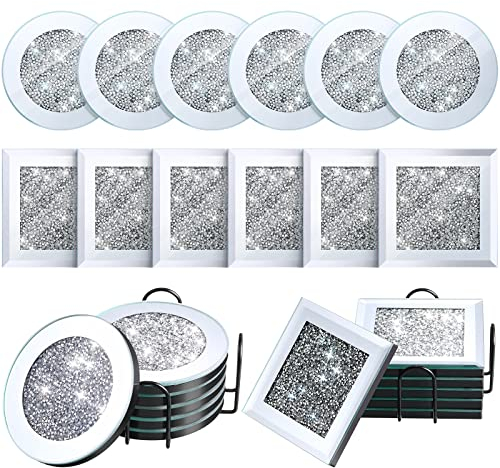 14 Stück verspiegelte Glasuntersetzer mit Halter-Set, 12 runde, quadratische verspiegelte Diamant-Untersetzer, 10.2 cm, Dekoration auf Tischplatte für Couch, Esstisch