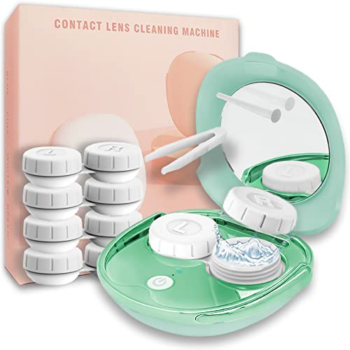 Portable Ultrasonic Contact Lens Cleaning Machine with USB Charger and Solution Soak Case Kit for Soft, Colored, Hard, RGP and OK Lenses (Green)