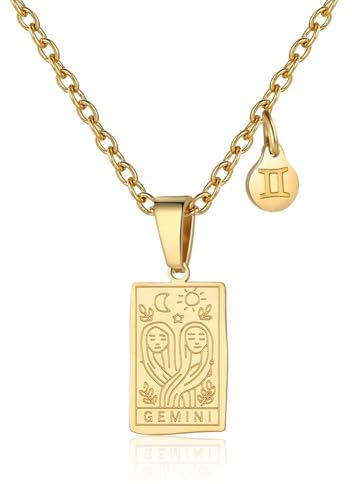 RIXERKOC Sternzeichen-Halskette für Frauen Konstellation Tarot-Karten-Anhänger Doppelseitig 18K Gold Edelstahl Sternzeichen-Schmuck Geschenke für Mädchen (Gemini)