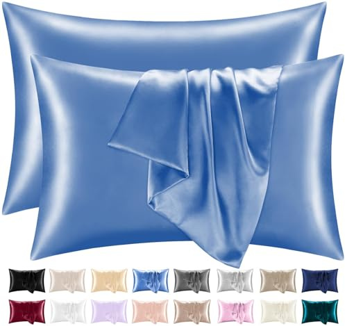 Lazzaro Satin Silk Pillowcases for Hair and Skin - Hypoallergenic Silk Pillow Cases 2 Pack with Envelope Closure - Ultrasoft Standard Size Airy Blue Silk Pillowcases (50 x 75 cm)