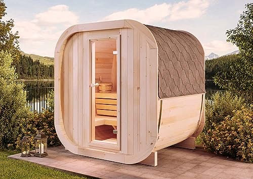 FinnTherm Fasssauna ScandiCube Mini XS Fasssauna 2 Sitzbänke aus Holz, Sauna mit 42 mm Wandstärke, Außensauna mit Montagematerial
