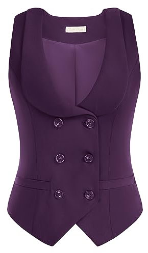 Belle Poque Gilet da donna con risvolto curvo scollo a V Gilet a quadretti con due tasche orlo geometrico tinta unita giacca, Viola scuro, XL