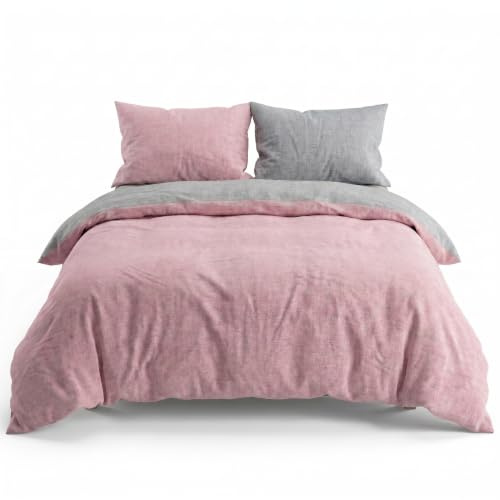 INTRECCI Set Copripiumino Singolo in Flanella di Cotone 100% | Parure Letto Invernale Felpata, Morbida | Sacco 155x200 cm + 1 Federa 50x80 cm, Effetto Tinto in Filo Double Face | Colore: Rosa/Grigio