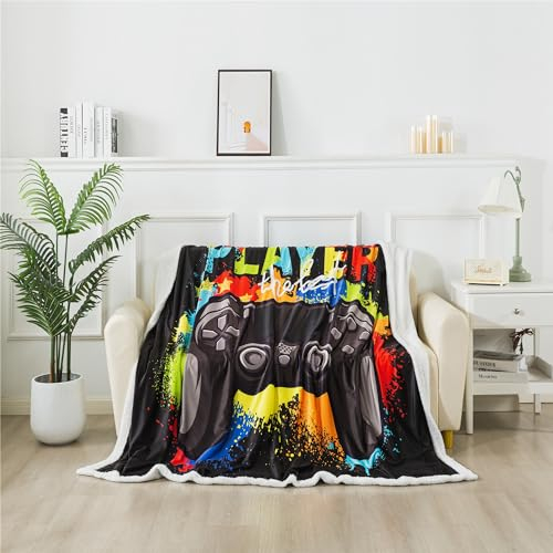 CINYE Gamer Couverture Adulte 160x200cm, Modèle de Jeu Plaid Fourrure Noir en Peluche, Gaming Couvertures 1 Personne et Plaids Flanelle Ultra Doux