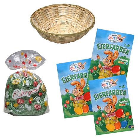 Ostern, 5-teiliges Set, 1 Bambuskorb, 50 g Ostergras, 3 Eierfarben Päckchen mit je 5 Farben, Osterdeko
