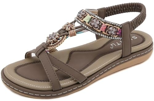 Vunavueya Damen Sandalen Slingback Frauen Zehentrenner Sandale Flache Sommer Leder Riemchensandale Bohemian Flip Flops Schuhe 01 Braun 40