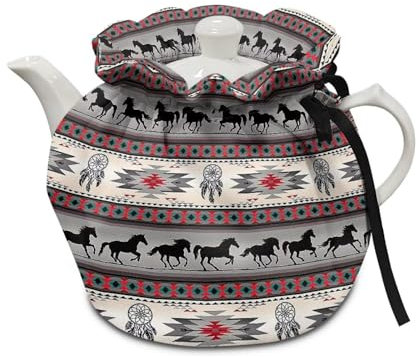 COEQINE Aztec Horse Teapot Cozy Cover Insulated Large,Western Tribal Pattern Tea Pot Cozies,Dream Catcher Pattern Kitchen Home Decorative,Gray