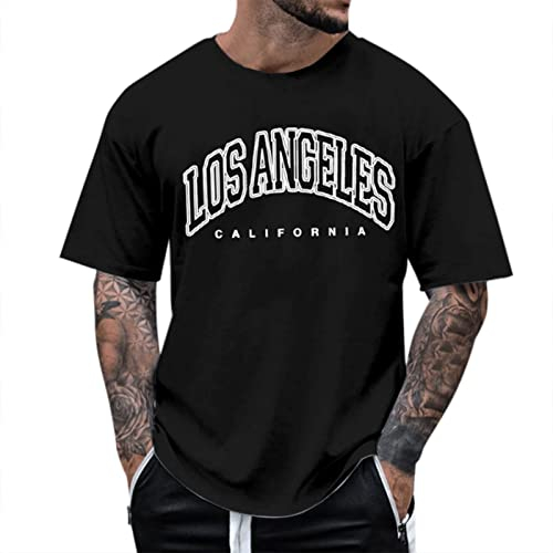 Oversized Tshirt Herren Rundhals Kurzarm Lose Sommer Oberteile Mode T-Shirt mit Los Angeles Palme Grafik T Shirts Vintage Drucken Streetwear Beiläufig Tops Tee Shirt Männer Sportshirts Schwarz XXL
