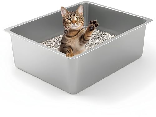 Kirecoo Stainless Steel Cat Litter Box - Metal High Sided Cat Pan, Large Stainless Steel Box, Indoor Litter Tray, Non Stick, No Smell, Easy to Clean, Pet Toilet Supplies for Kitten, Kitty, Rabbit