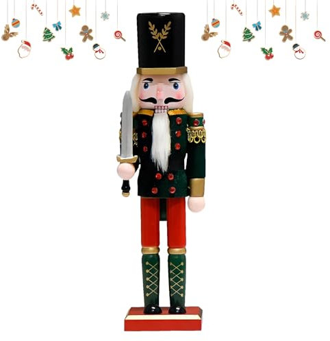 Larfraecy Weihnachten Nussknacker aus Holz 30CM Weihnachten Nussknacker Figuren König Soldat,Traditionelle Weihnachtsdeko,Nussknacker Deko Figur (Grün,Schwert)